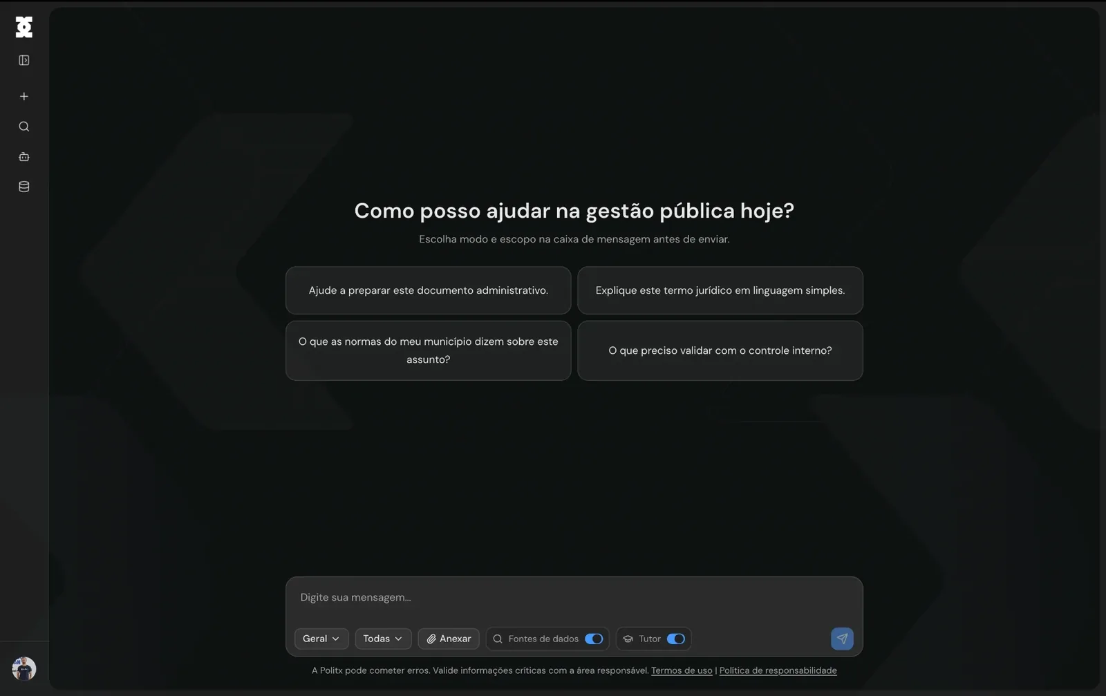 Tela inicial do PolitxAI com a pergunta “Como posso ajudar na gestão pública hoje?”, sugestões de perguntas e caixa de mensagem