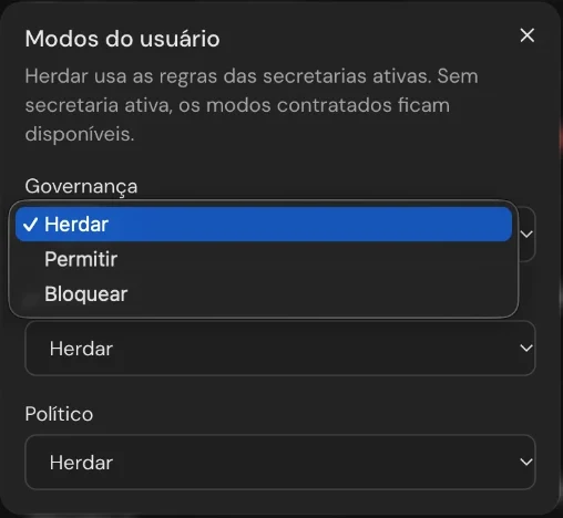 Janela Modos do usuário com as opções Herdar, Permitir e Bloquear para cada modo