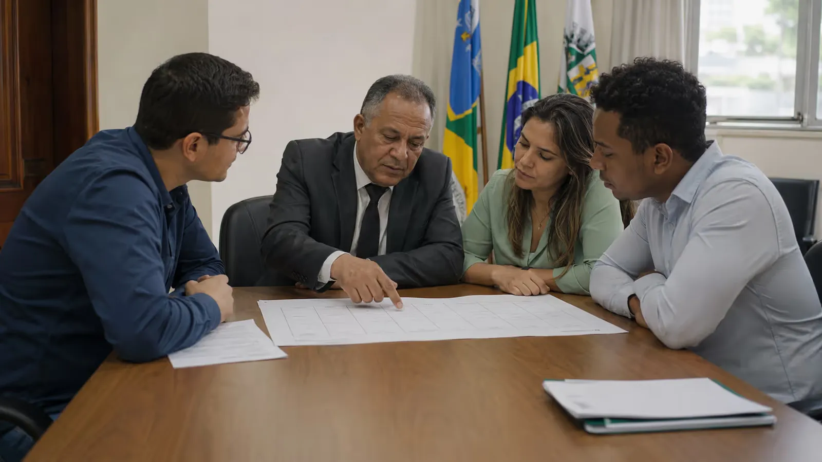 Quatro pessoas analisam um documento sobre a mesa em uma sala com as bandeiras do Brasil e do estado