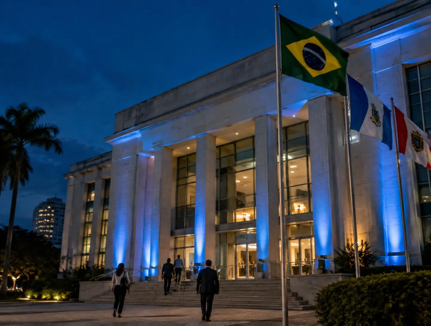 Sede de uma prefeitura ao anoitecer, com fachada iluminada de azul, bandeiras e servidores chegando